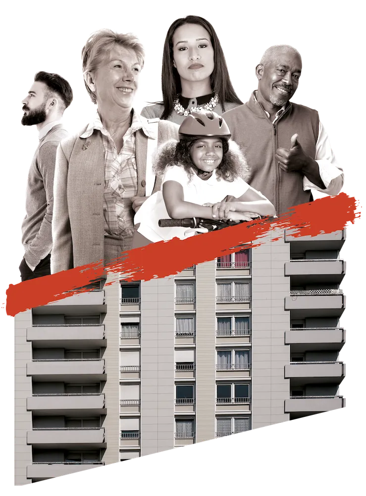 Des locataires de tous âges devant un immeuble de logements sociaux, barré d'un trait rouge
