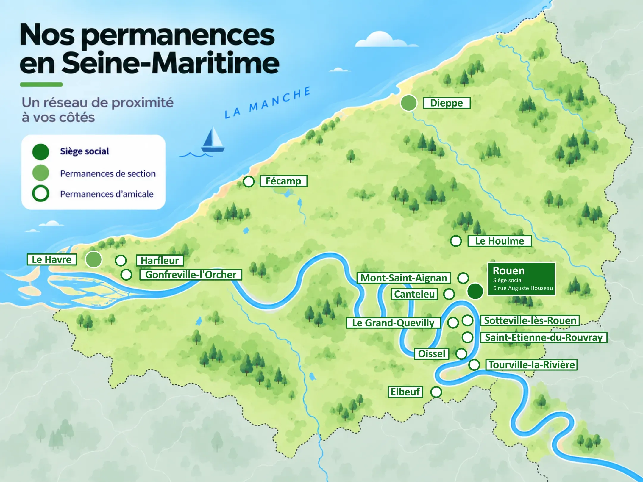 Carte des quinze implantations de la CNL 76 en Seine-Maritime : siège social à Rouen, permanences de section au Havre et à Dieppe, permanences d'amicale dans douze autres communes