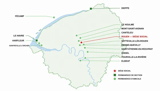 Carte des quinze implantations de la CNL 76 en Seine-Maritime, classées par type de permanence