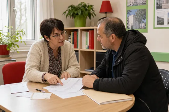 Une bénévole accompagne un locataire pendant une permanence de section de la CNL 76