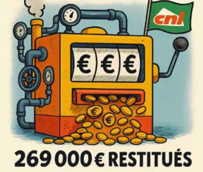 Illustration d'une pompe à euros crachant des pièces, logo CNL et texte « 269 000 € restitués »