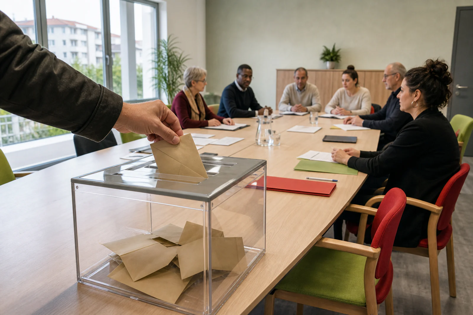 Une locataire glisse son bulletin dans une urne devant une table de conseil d’administration