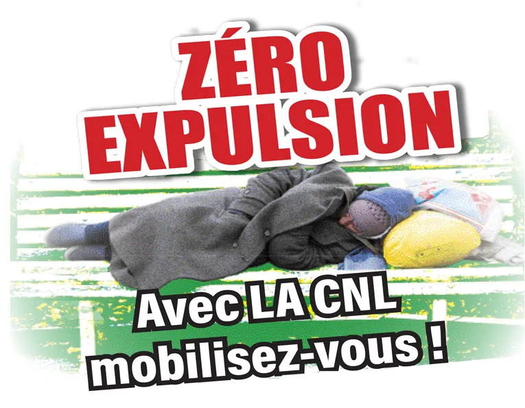 Visuel « Zéro expulsion, avec la CNL mobilisez-vous » illustrant une personne dormant sur un banc public