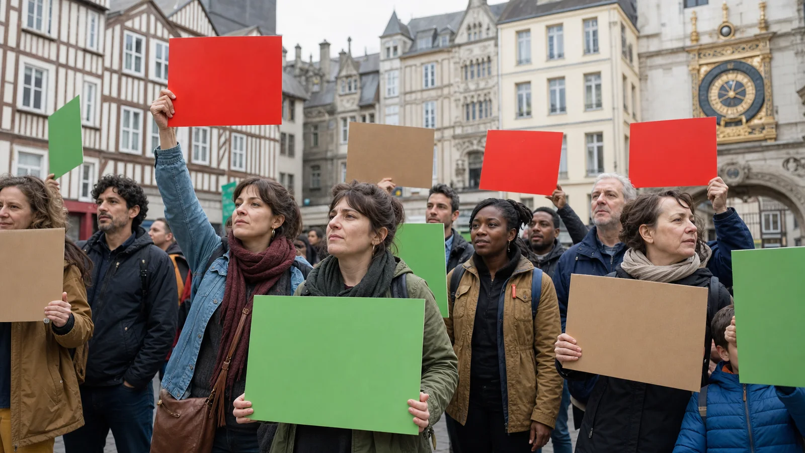 Rassemblement pacifique de locataires avec des pancartes rouges et vertes à Rouen