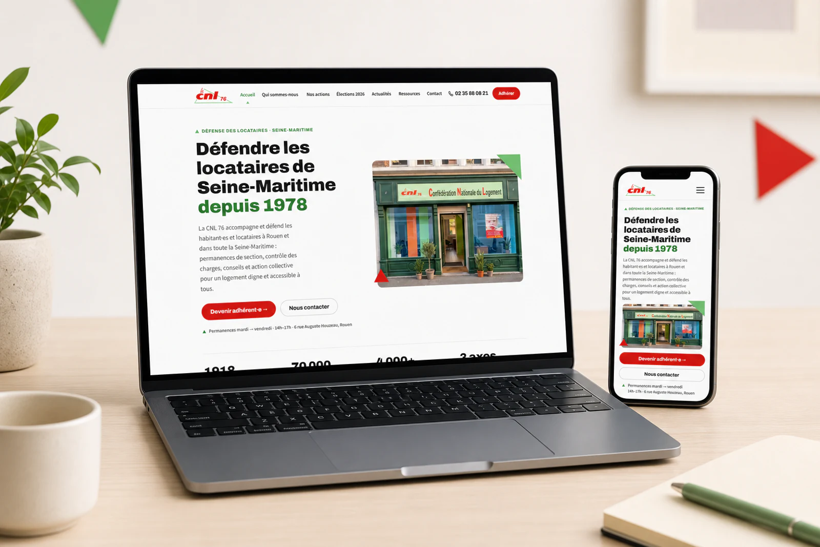 Page d’accueil du site de la CNL 76 présentée sur un ordinateur et un téléphone