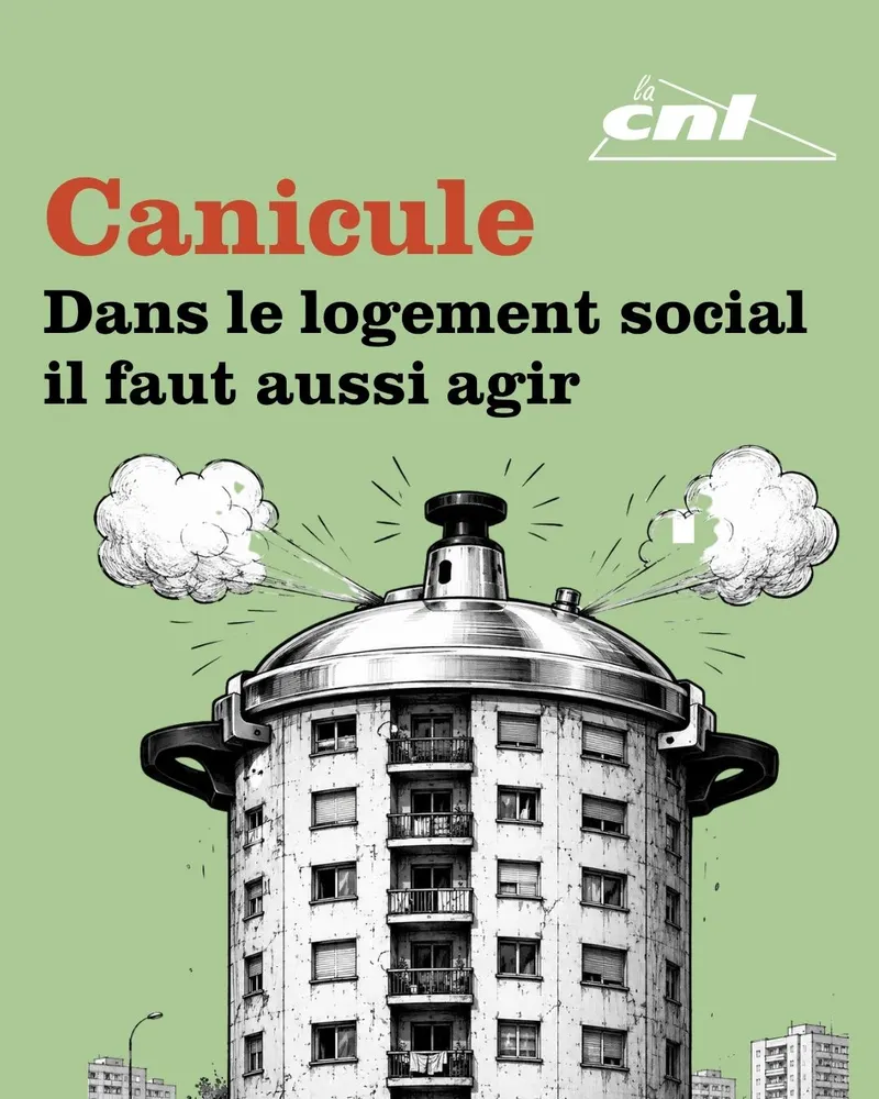 Affiche CNL « Canicule : dans le logement social, il faut aussi agir », un immeuble en forme de cocotte-minute