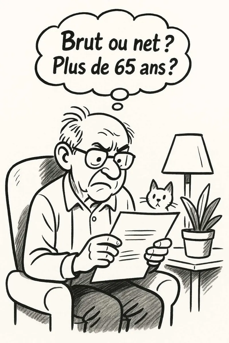 Dessin d'un locataire âgé lisant un courrier : « Brut ou net ? Plus de 65 ans ? »